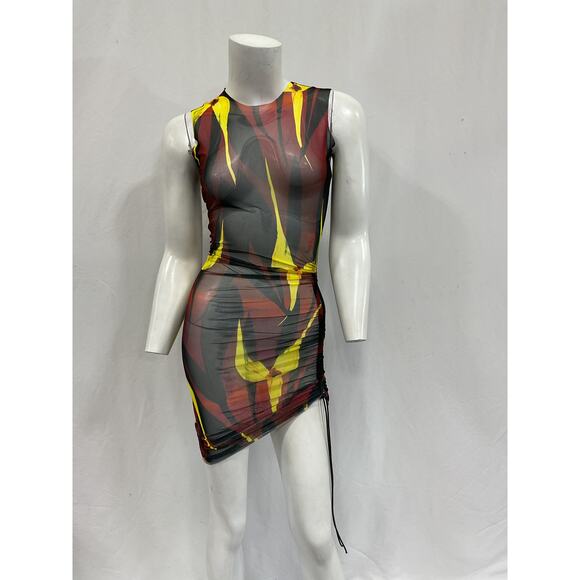 Louisa Ballou 'Heatwave' Brown Ruched Floral Print Stretch-Mesh Mini Dress Size - Picture 2 of 5